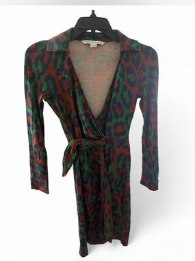 Diane Von Furstenberg Green and Brown Printed Wrap Dress